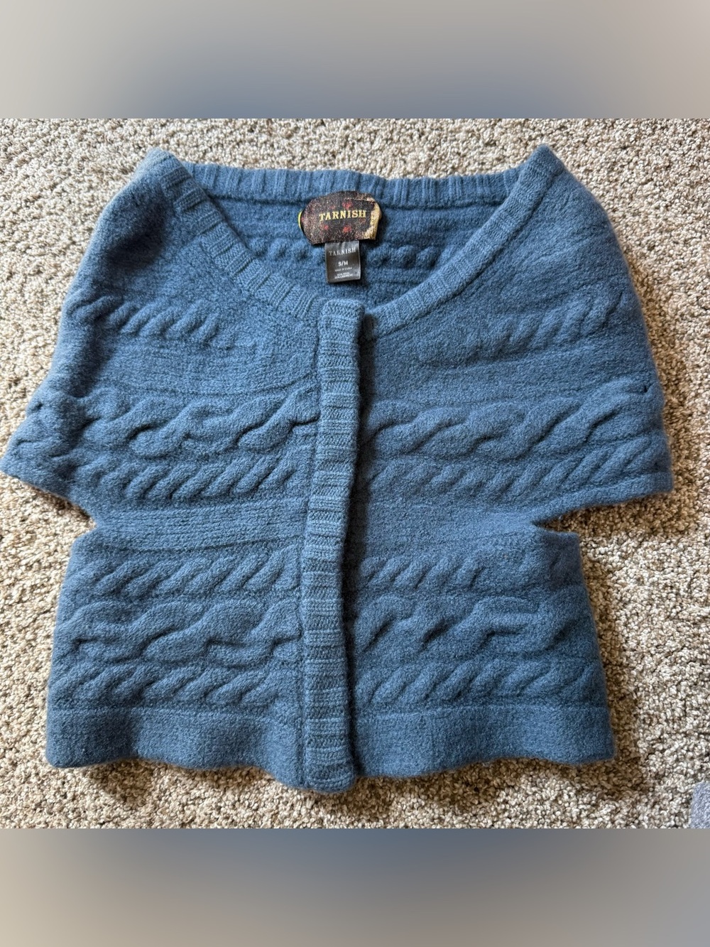 Tarnish Wool Cashmere Blend Cable Knit Button Front Capelet Cropped Shrug S/M
